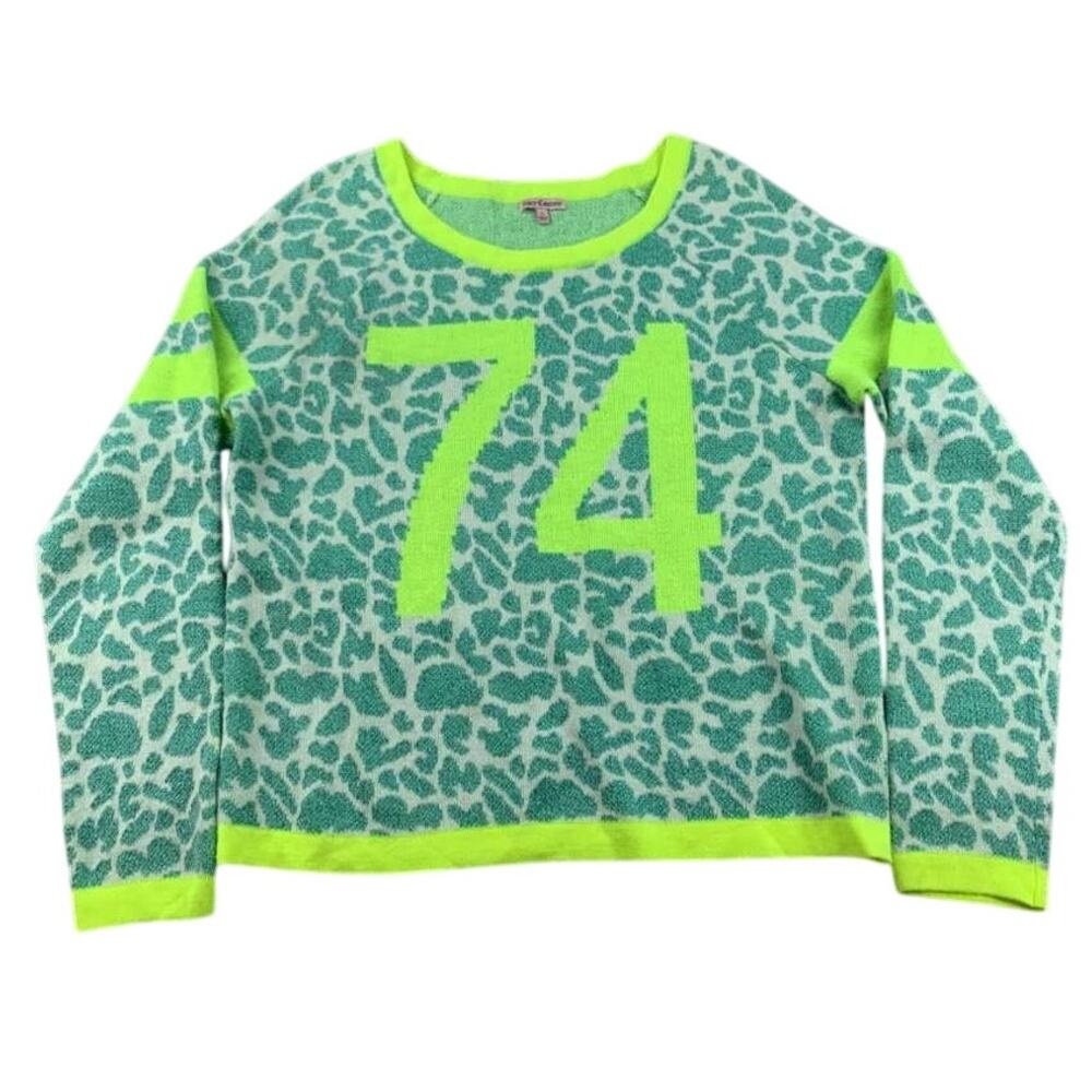 Juicy Couture Sweater Women L Green Metallic Pullover 74 Graphic Leopard Print